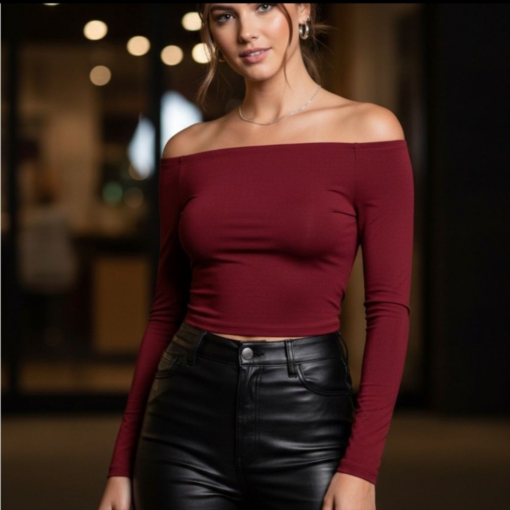 Lizette Collection Elegant Off-Shoulder Burgundy Top. Size L